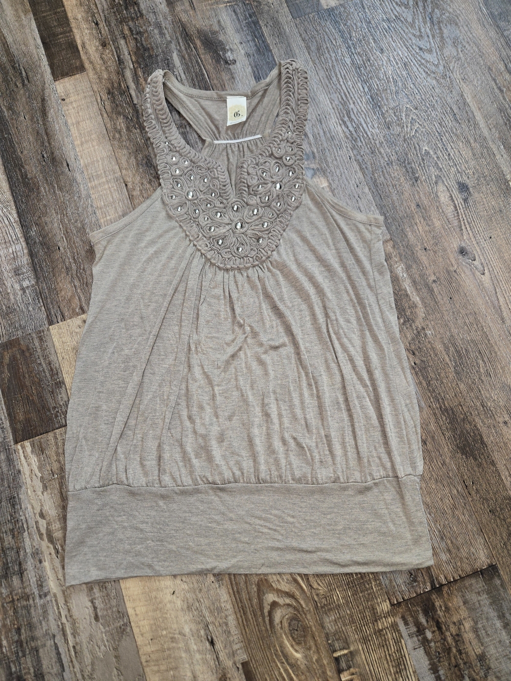 Ginger G Neutral Taupe Crochet Gem Tank Top